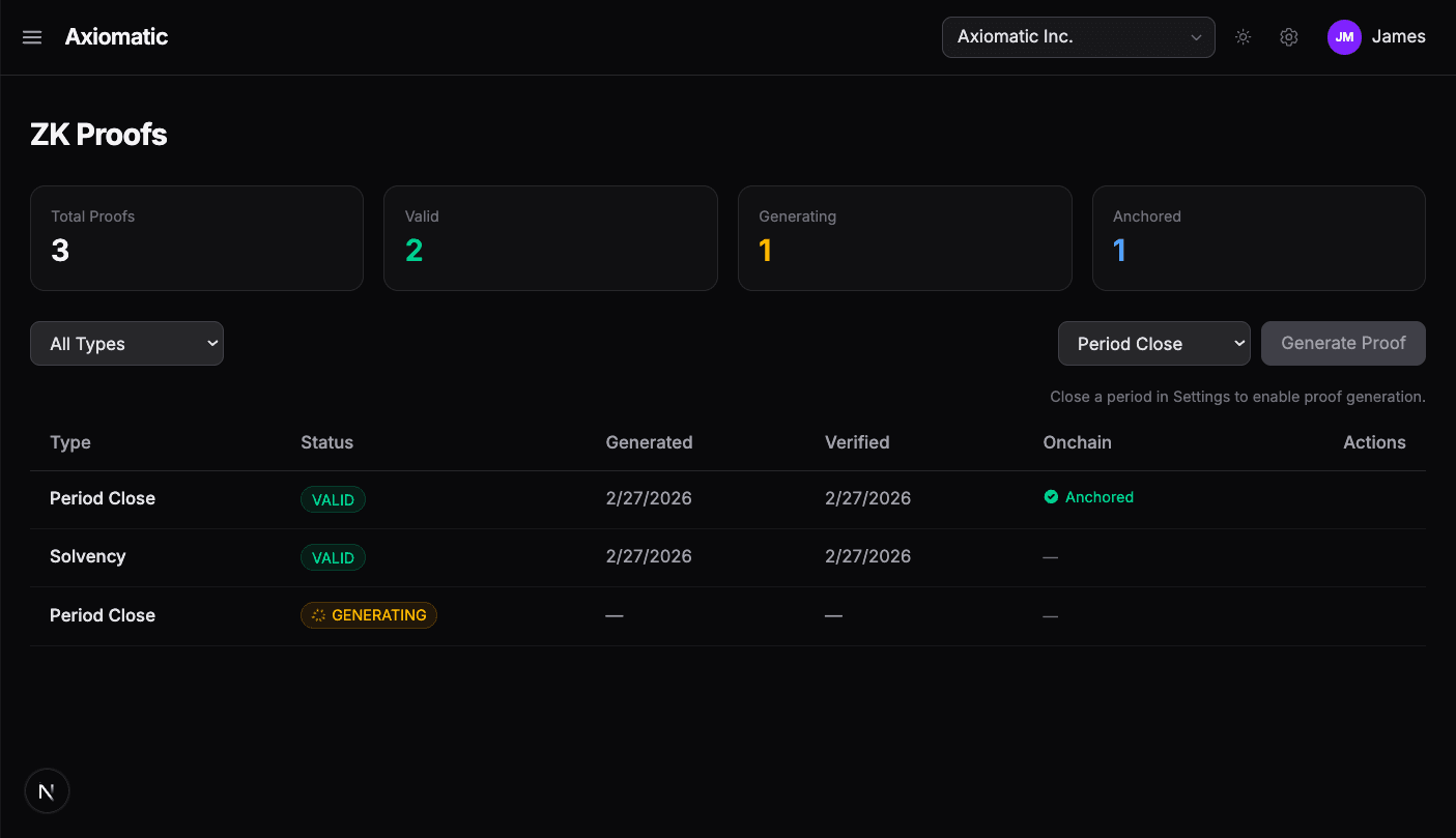 ZK Proofs dashboard showing proof status, generation dates, and onchain anchoring
