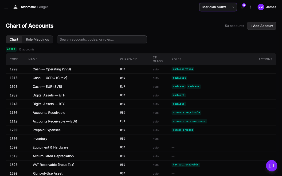 Accounting — chart of accounts, books, and ledger in Axiomatic