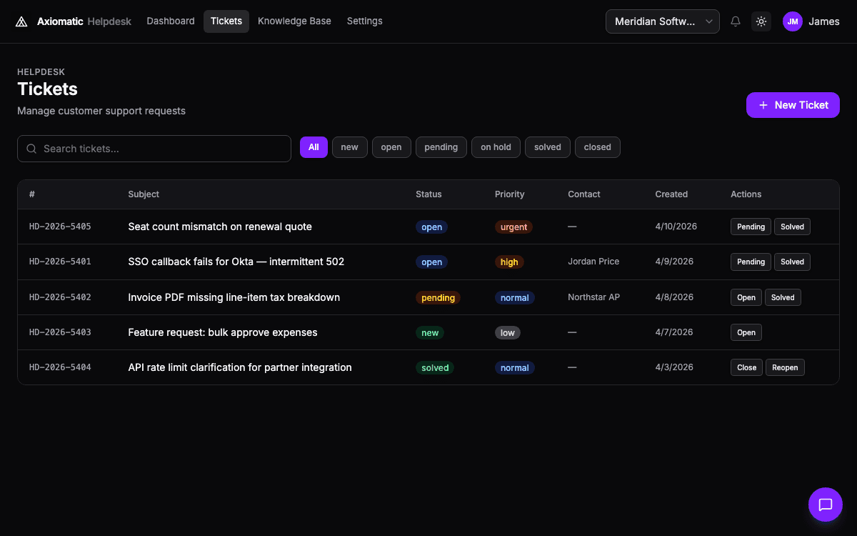 Helpdesk — tickets, SLAs, and customer support in Axiomatic