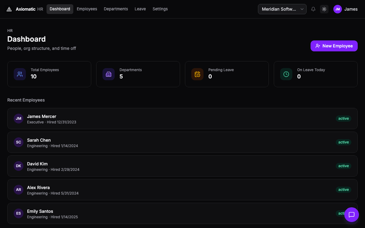 HR — employees, time off, and org structure in Axiomatic