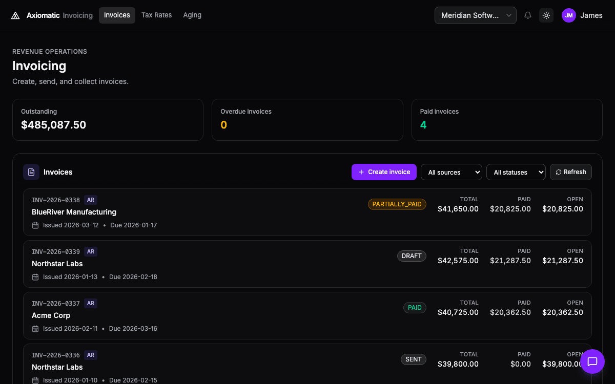 Invoicing — invoices and receivables in Axiomatic