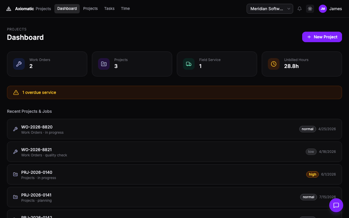Projects — delivery, time, and margin in Axiomatic
