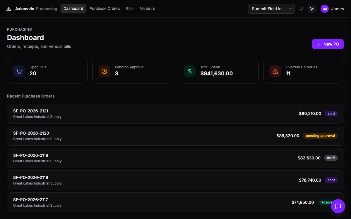 Purchasing — vendors, POs, and bills in Axiomatic
