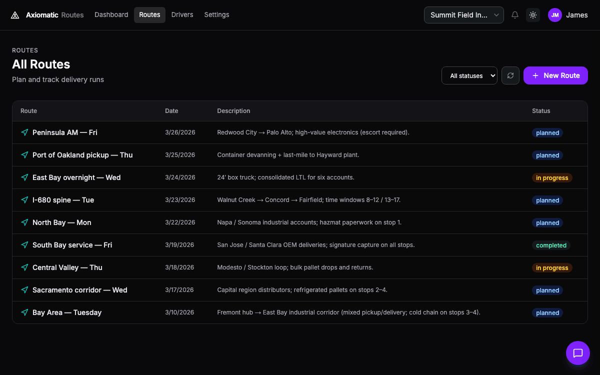 Routes — drivers, routes, and stops in Axiomatic