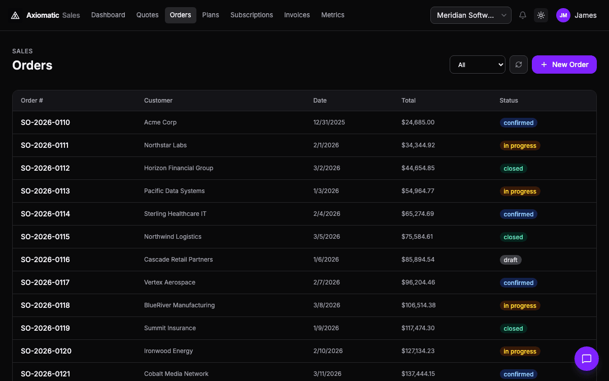 Sales — orders and quote-to-cash in Axiomatic