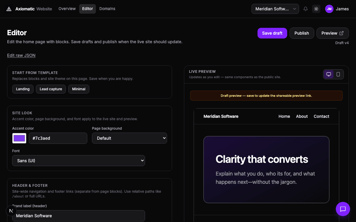 Website — pages, domains, and publishing in Axiomatic