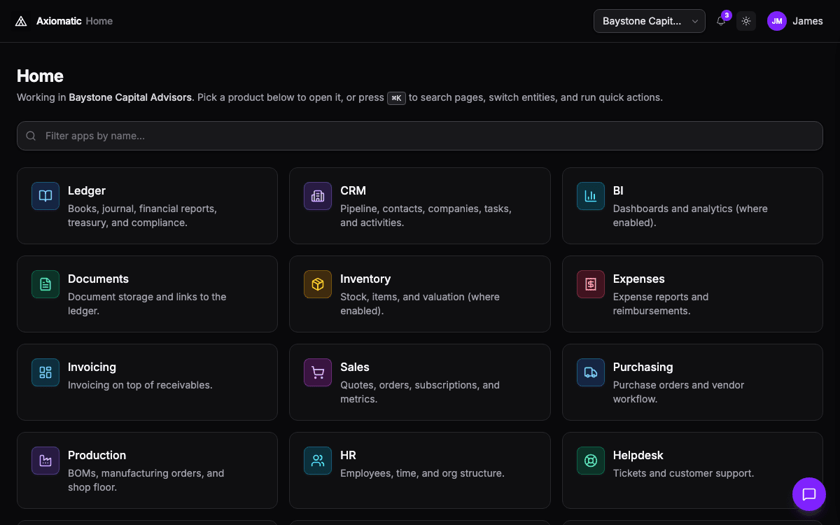 Axiomatic platform home hub — apps, navigation, and context