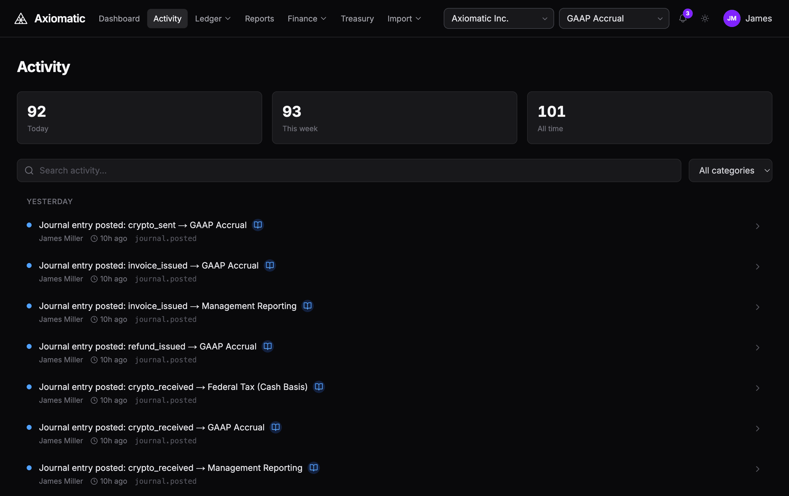Activity feed showing tamper-proof audit trail with 92 events and category filtering