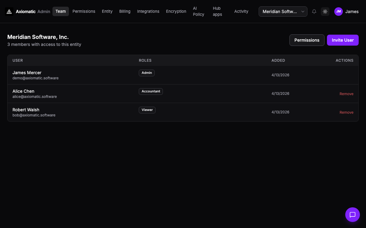 Admin — team, billing, integrations, and audit activity in Axiomatic